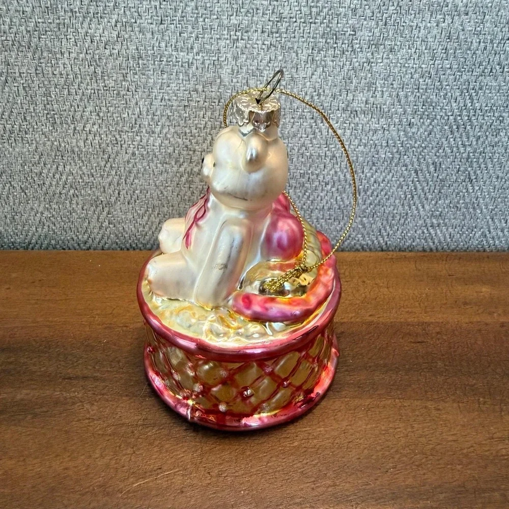 Glass Teddy Bear Ornament Sitting in Basket Pink Bow Christmas Holiday Decor